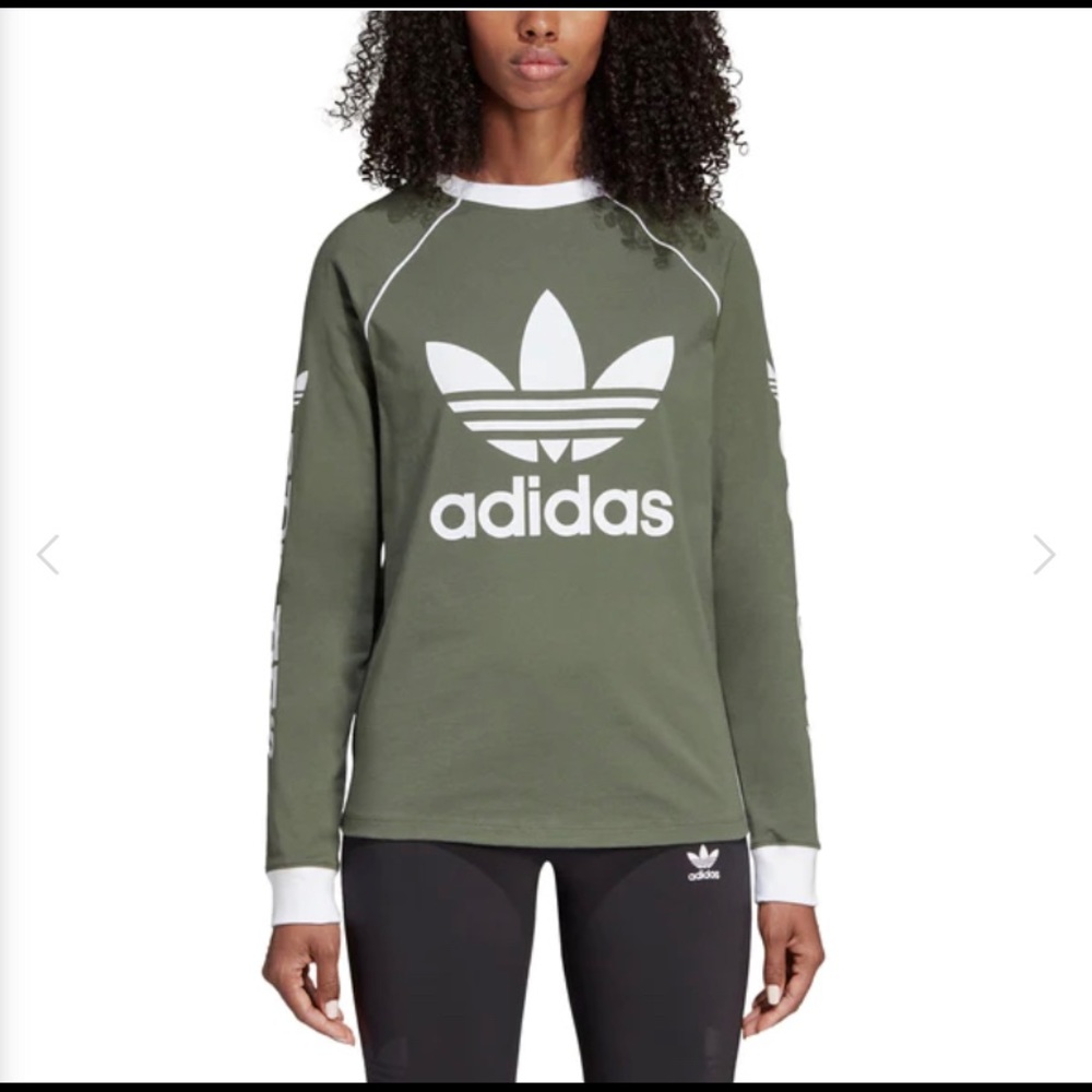 Adidas long sleeved shirt top green olive white medium M CUTE 90s